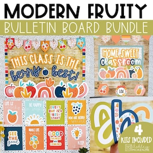 Modern Fruit Themed Classroom Decor Bright Back to School Bulletin Board Kit Editable Classroom Posters A-Z Letters Health Class Door Decor