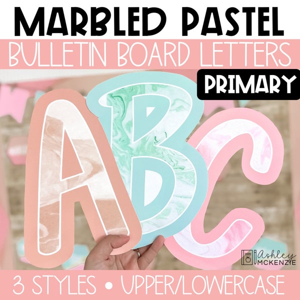 Marbled Pastel Classroom Decor, Primary Font A-Z Bulletin Board Letters, Punctuation, and Numbers, Easy Back to School Classroom Decorations