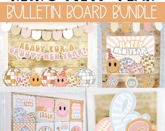 May include: A retro-themed New Year's bulletin board bundle with a groovy vibe. The bundle includes a variety of colorful decorations, including disco balls, smiley faces, and checkered patterns. The text "Ready for a Groovy New Year!" and "Happy New Year!" is featured on the bulletin board.