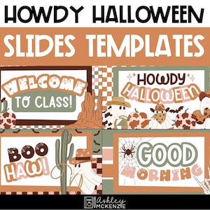 ハウディハロウィーン Google スライドと PowerPoint テンプレート 10 月のスライド ウエスタン デコレーション テーマは Google スライド™ と互換性があります