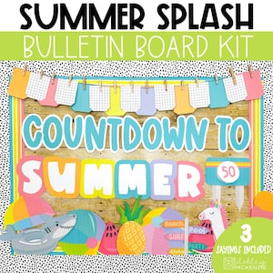 A classroom bulletin board decorated for the end of the school year with a bright, summer pool party themed display