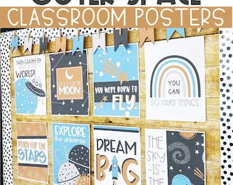 Painel de avisos sobre o espaço sideral, pôsteres temáticos para sala de aula, decorações fáceis e modernas para a sala de aula, pôsteres com texto editável.