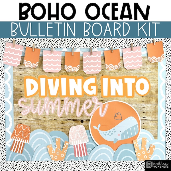 Boho Ocean Back to School and End of Year Bulletin Board Kit, Easy and Modern Classroom Decorations