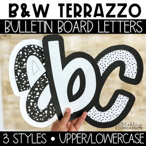 Decoración de aula en terrazo en blanco y negro, letras, puntuación y números de la A a la Z para tablones de anuncios, decoraciones sencillas para el aula de regreso a clases