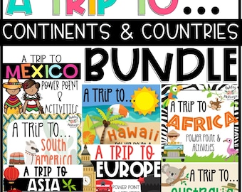 Continents and Countries Bundle, PowerPoint Lessons and Activities Pack, Virtual Class Field Trips, Low Prep Elementary Classroom Activities
