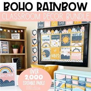 Boho Rainbow Classroom Decor Bundle Classroom Management Tools Back to School Bulletin Board Ideas Calming Classroom Decor Theme