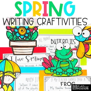 May include: A set of printable spring-themed writing activities for kids. The images include a butterfly, a frog, a flower pot, a rain cloud, and an umbrella. The text on the pages includes "All About Butterflies", "I Love Spring", "When It Rains", and "If My Teacher Turned Into A Frog".