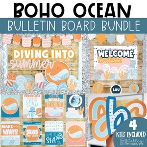 Boho Ocean Back to School Classroom Decor, Bulletin Board Kit, Classroom Posters, Door Decor, A-Z Letters, Easy Classroom Decorations