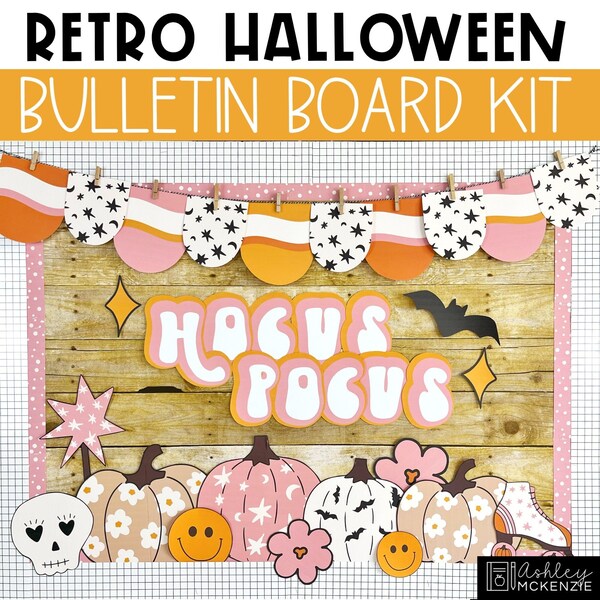 レトロなハロウィン掲示板のアイデア、教室をおしゃれに飾る10月のドア飾り、ホーカス・ポーカス掲示板キット、コウモリとカボチャ
