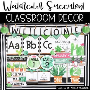 Aquarell Sukkulenten und Kaktus Klassenzimmer Dekor Bündel, einfache und moderne Klassenzimmer Dekorationen, Back to School Bulletin Board Ideen