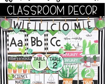 May include: Watercolor succulent classroom decor featuring a welcome banner, alphabet letters, table numbers, and monthly calendar headers. The design includes green and black stripes, cacti, and succulents.