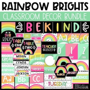 Paquete de decoración para el aula con colores brillantes de arcoíris, temática de aula brillante, decoraciones fáciles y modernas para el aula.