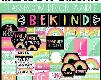 Paquete de decoración para el aula con colores brillantes de arcoíris, temática de aula brillante, decoraciones fáciles y modernas para el aula.