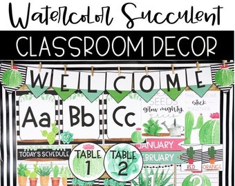 Watercolor Succulent and Cactus Classroom Decor Bundle, Easy and Modern Classroom Decorations