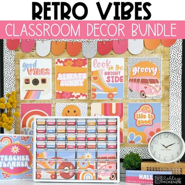 Retro Classroom Decor Bundle Groovy Retro Vibes Theme Back to School Bulletin Board Ideas Bright Colors Classroom Decor