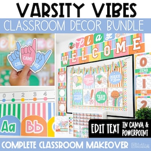 May include: A Varsity Vibes classroom decor bundle featuring colorful educational posters, number lines, and alphabet cards with sports-themed graphics. The set includes printable signs with text like Welcome, Play, and Team Work, designed for editing in Canva and PowerPoint.