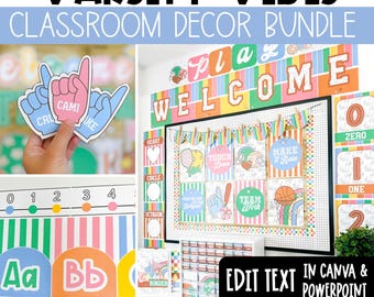 Puede incluir: Un paquete de decoración para el aula Varsity Vibes que incluye carteles educativos coloridos, líneas numéricas y tarjetas del alfabeto con gráficos deportivos. Incluye letreros editables con texto como Welcome, Play y Team Work para Canva y PowerPoint.