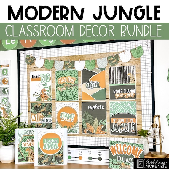Modern Jungle Classroom Decor Bundle Calm Colors Nature Themed Bulletin Board Idea Editable Classroom Decor Elementary Teacher Decorations