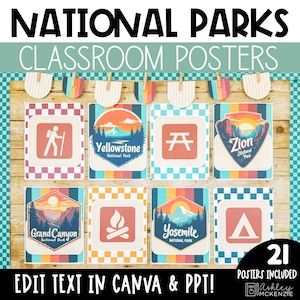 May include: A collection of classroom posters featuring national park designs. The posters include illustrations of Yellowstone, Zion, Grand Canyon, and Yosemite National Parks. The text "NATIONAL PARKS CLASSROOM POSTERS" is at the top. The text "EDIT TEXT IN CANVA & PPT!" is at the bottom.