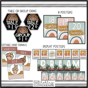 May include: Classroom decor set with a boho rainbow theme. Includes table and group signs, hand signals, and display posters with phrases like "Be Kind", "Dream", and "Wonder".