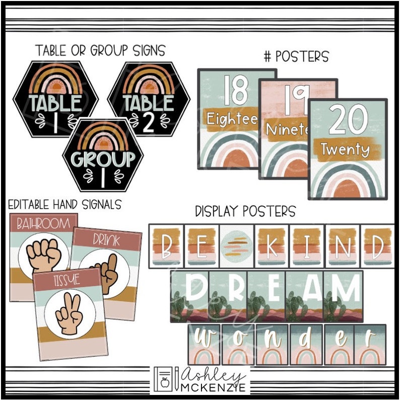 May include: Classroom decor set with a boho rainbow theme. Includes table and group signs, hand signals, and display posters with phrases like "Be Kind", "Dream", and "Wonder".