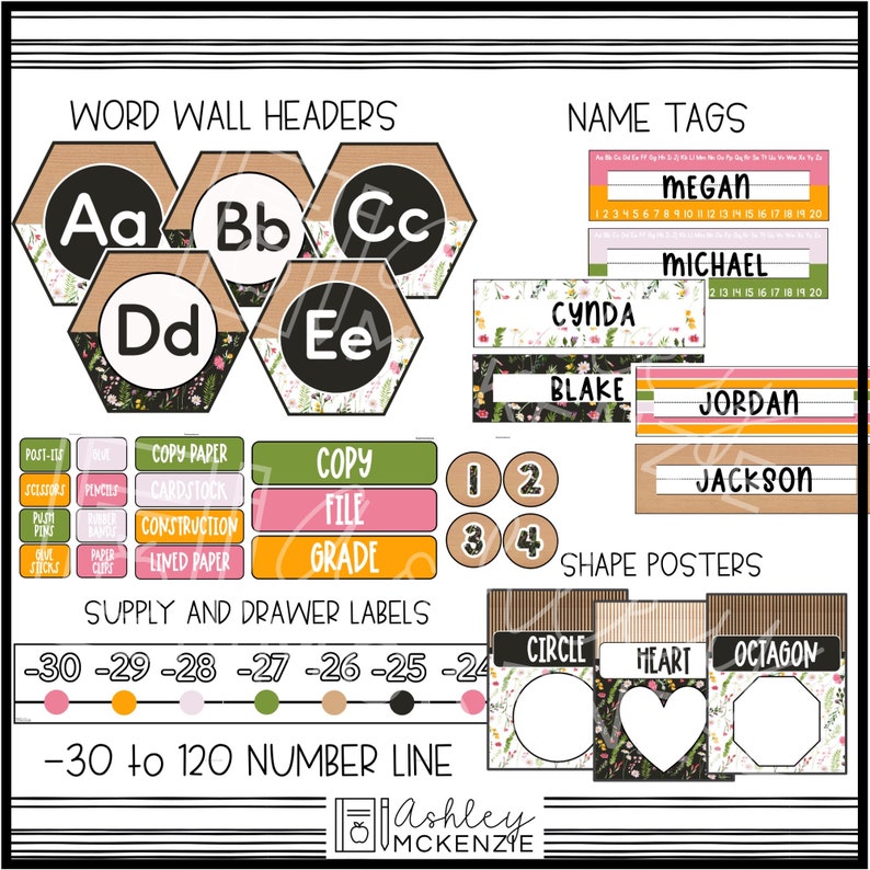 May include: A classroom decor set featuring hexagonal word wall headers with letters Aa through Ee, rectangular name tags with student names, supply and drawer labels, a number line from -30 to 120, and shape posters for circle, heart, and octagon.
