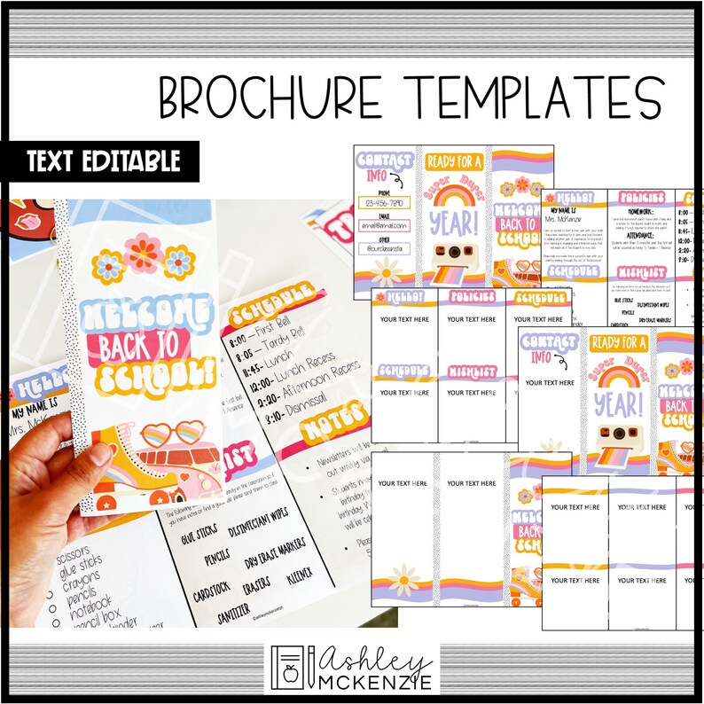 May include: Brochure templates with a retro design, featuring text fields for customization. The templates include a welcome message, schedule, and contact information. The color palette includes pastel shades of pink, orange, yellow, and blue. The text "Brochure Templates" is at the top.