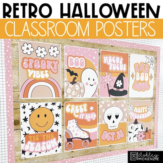 Retro Halloween Classroom Posters, Easy Holiday Classroom Decorations, Text Editable Posters