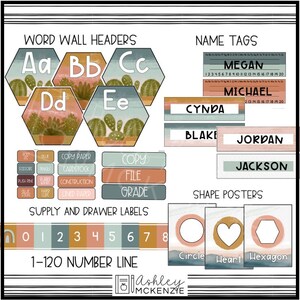 May include: A set of printable classroom decor featuring a cactus theme. The set includes word wall headers, name tags, supply and drawer labels, shape posters, and a number line. The colors are a mix of brown, orange, pink, and blue.