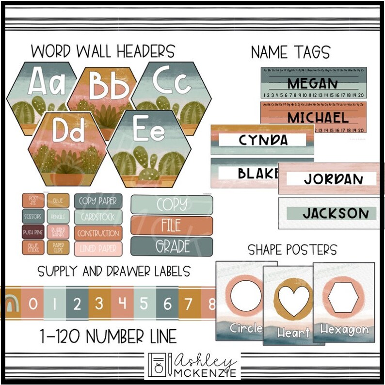 May include: A set of printable classroom decor featuring a cactus theme. The set includes word wall headers, name tags, supply and drawer labels, shape posters, and a number line. The colors are a mix of brown, orange, pink, and blue.
