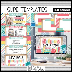 May include: A set of colorful digital slides for teachers. The slides feature a welcome back to school theme with a red apple, books, and a backpack. The slides are text editable and can be used for online teaching.