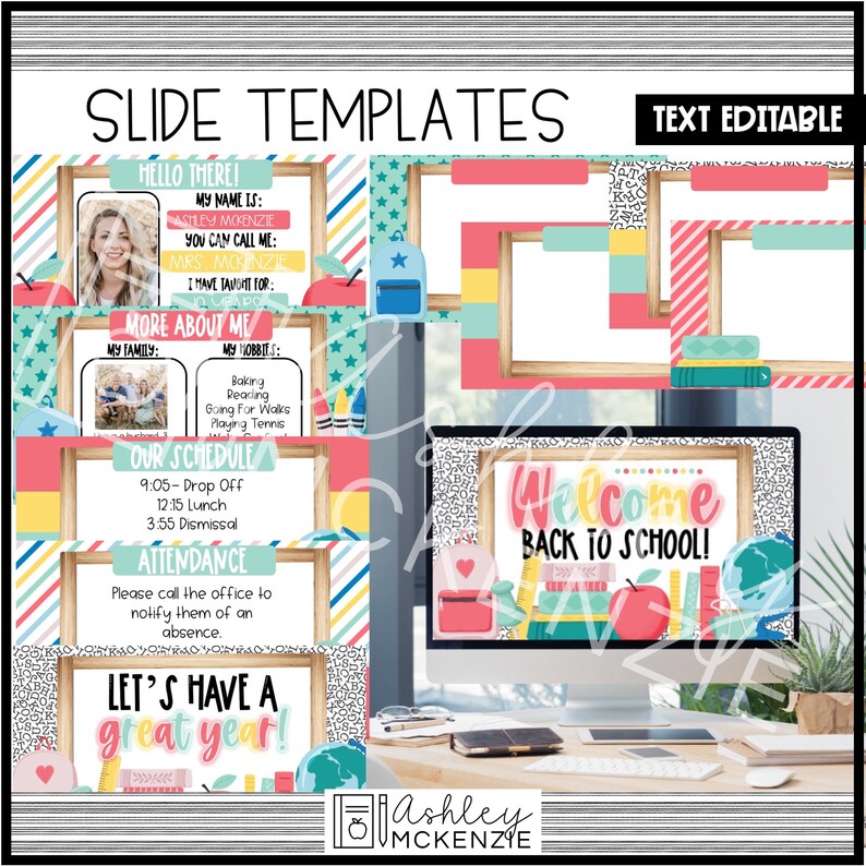 May include: A set of colorful digital slides for teachers. The slides feature a welcome back to school theme with a red apple, books, and a backpack. The slides are text editable and can be used for online teaching.
