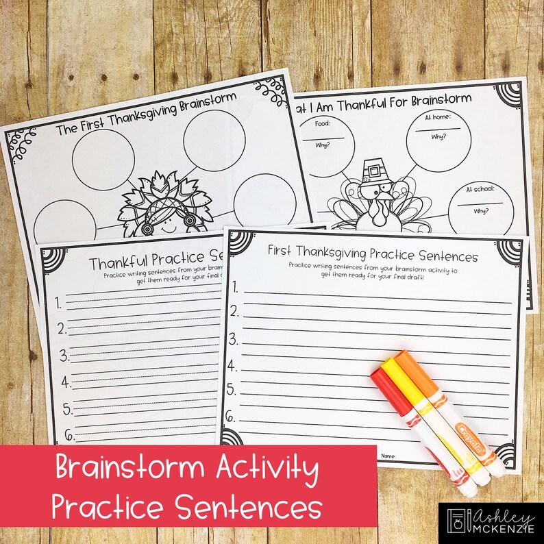 May include: Black and white printable Thanksgiving activity worksheets for kids. The worksheets include a brainstorming activity and practice sentences for writing about what they are thankful for.