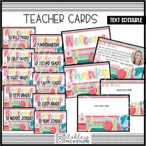 May include: A set of printable teacher cards with a colorful back-to-school theme. The cards feature a welcome message for each grade level, from preschool to high school, and a thank you card. The cards are decorated with a variety of school-related items, such as backpacks, books, and apples. The text on the cards is editable.