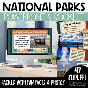 Puede incluir: Una presentación de PowerPoint sobre los parques nacionales de EE. UU. se muestra en una pantalla de ordenador. La presentación incluye información sobre los parques nacionales, con imágenes de Yellowstone y el Gran Cañón. La presentación tiene 47 diapositivas y está llena de datos y fotos.