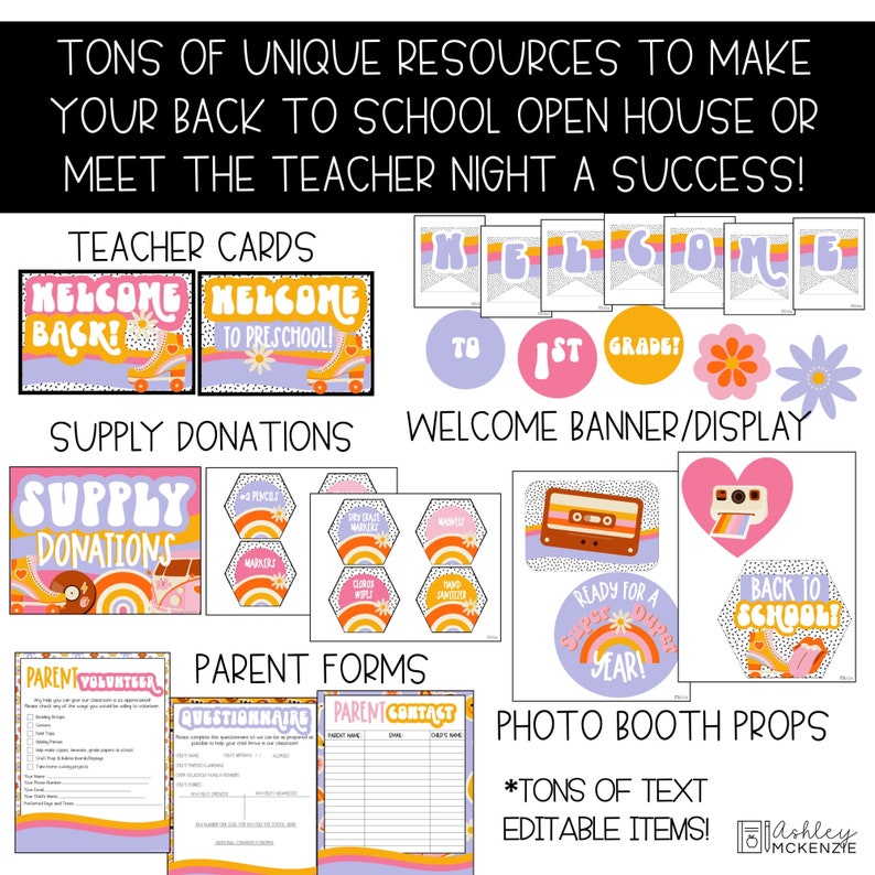 May include: A collection of back-to-school resources with a retro theme. Includes teacher cards, welcome banners, supply donation signs, parent forms, and photo booth props. The design features pastel colors, roller skates, and groovy fonts. Text includes "Welcome Back", "Welcome to Preschool", and "Ready for a Super Duper Year!"