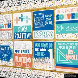 May include: A set of eight colorful printable posters with math-themed quotes and illustrations. The posters feature a variety of colors, including blue, pink, orange, and green. The posters are perfect for decorating a classroom or home office.