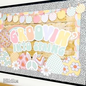 Kit de tableau d'affichage printemps rétro, poème acrostiche du printemps, décoration pastel pour la salle de classe, bordures imprimables de tableau d'affichage