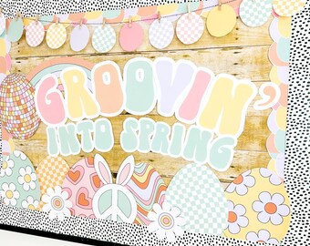 Retro Spring Bulletin Board Kit, Acrostic Poem, Pastel Spring Theme, Easy Seasonal Classroom Decorations, Printable Bulletin Board Borders