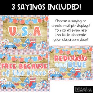 Op de afbeelding: Een patriottische klasdecoratieset met rode, witte en blauwe elementen. Bevat de zinnen "USA", "Free because of the brave" en "Red, white, and blue". Met decoratieve banners en patriottische symbolen.