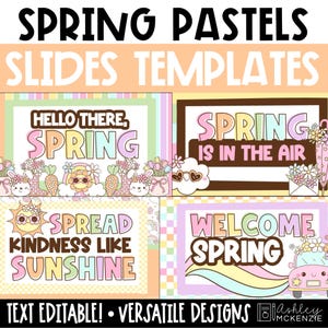 Könnte beinhalten: Ein digitales Design-Template mit einem pastellfarbenen Frühlings-Thema. Das Bild zeigt vier verschiedene Designs mit Text wie "Hello There, Spring" und "Spread Kindness Like Sunshine". Die Worte "Spring Pastels" und "Slides Templates" stehen oben.