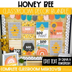 Peut inclure: Un ensemble de décoration de classe Honey Bee comprenant huit affiches avec des motifs d'abeilles, de ruches et de fleurs en jaune, orange, bleu et noir. Le texte inclut Bee Grateful, Bee Sweet, Bee Humble, Bee You et Bee Brave.