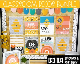 May include: A Honey Bee classroom decor bundle featuring eight posters with bee, hive, and floral motifs in yellow, orange, blue, and black. Text includes Bee Grateful, Bee Sweet, Bee Humble, Bee You, and Bee Brave. Includes a binder cover and banner.