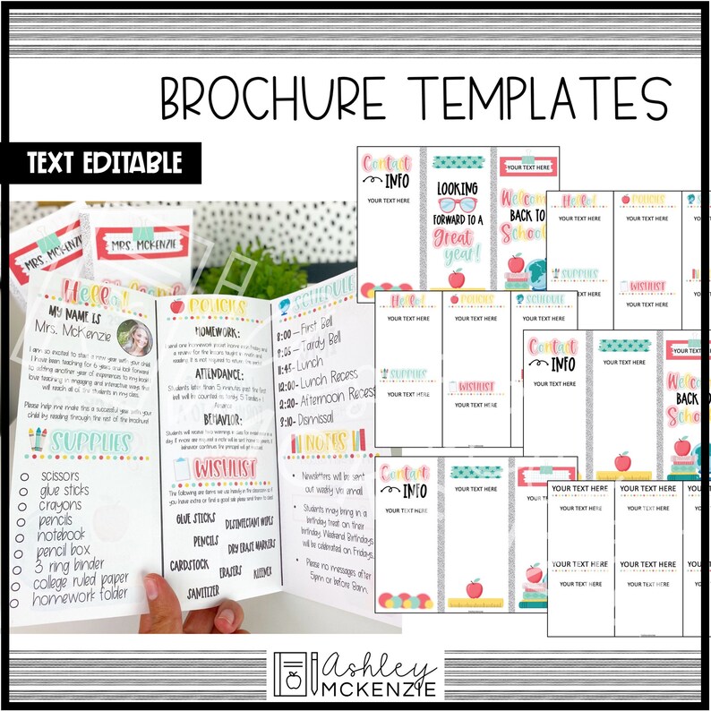 May include: A set of printable brochure templates for teachers. The templates feature a red apple, a stack of books, and the text "Welcome Back to School". The templates are text editable and can be used to create a variety of brochures for teachers.
