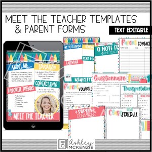 May include: A set of printable teacher and parent forms with a colorful crayon theme. The forms include a meet the teacher template, a parent contact sheet, a newsletter template, a parent volunteer sign-up sheet, a classroom supply donation form, a questionnaire, a transportation form, and a class schedule.
