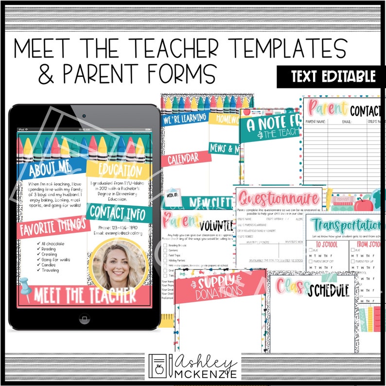 May include: A set of printable teacher and parent forms with a colorful crayon theme. The forms include a meet the teacher template, a parent contact sheet, a newsletter template, a parent volunteer sign-up sheet, a classroom supply donation form, a questionnaire, a transportation form, and a class schedule.