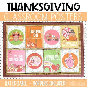 Pósteres para el aula sobre el Día de Acción de Gracias, decoración de fútbol, decoraciones sencillas para el aula según la temporada, pósteres con texto editable, tema de pavos y touchdowns