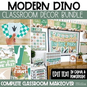Peut inclure: Un ensemble de décoration de classe Modern Dino avec des supports pédagogiques dans des tons verts et terre. Comprend des bannières alphabétiques, un calendrier, des affiches avec des dinosaures et du texte, ainsi que des étiquettes de rangement.