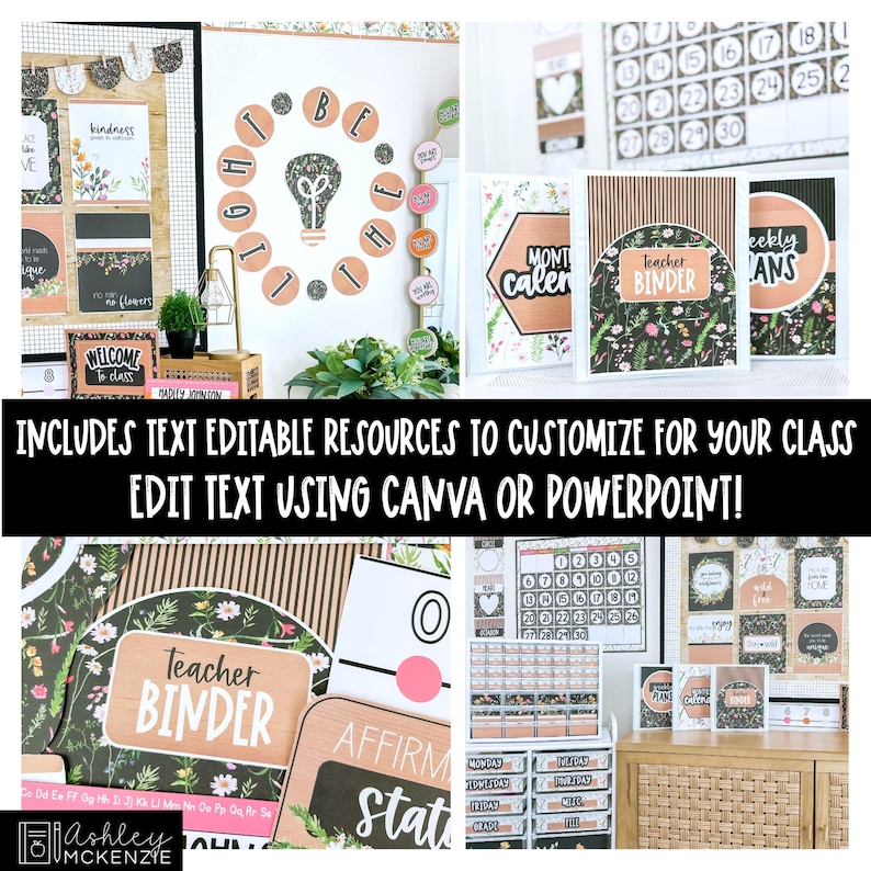 May include: A collection of classroom decor resources featuring floral patterns, black and white stripes, and peach-colored accents. Items include a teacher binder, monthly calendar, and wall displays with the text "LIGHT BE THE" and "Teacher BINDER".