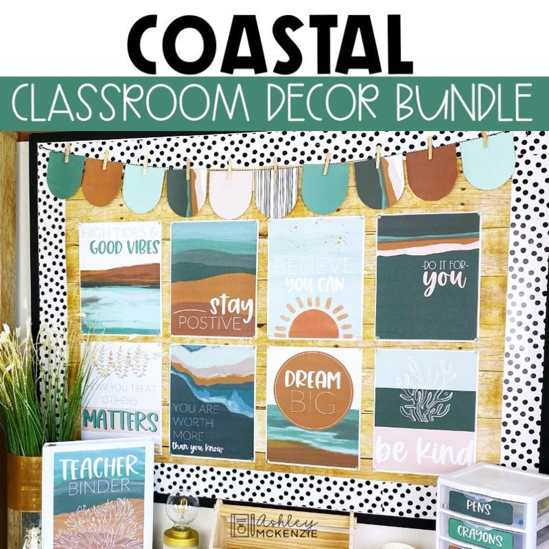 Coastal Classroom Decor Bundle, Calm Colors Theme, Easy and Modern